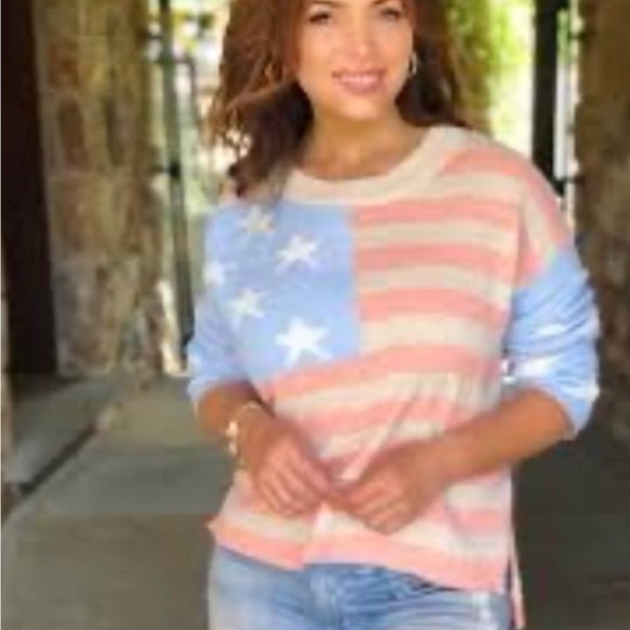 POL cream, pink, light blue Oversized Knit American Flag Leisure Sweater L - Picture 1 of 10